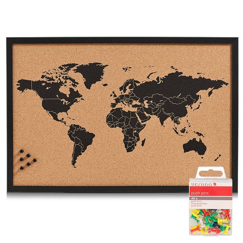 Foto van Prikbord wereldkaart met 40x punaises gekleurd - 60 x 40 cm - kurk - prikborden