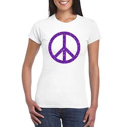 Foto van Toppers wit flower power t-shirt paarse glitter peace teken dames xl - feestshirts