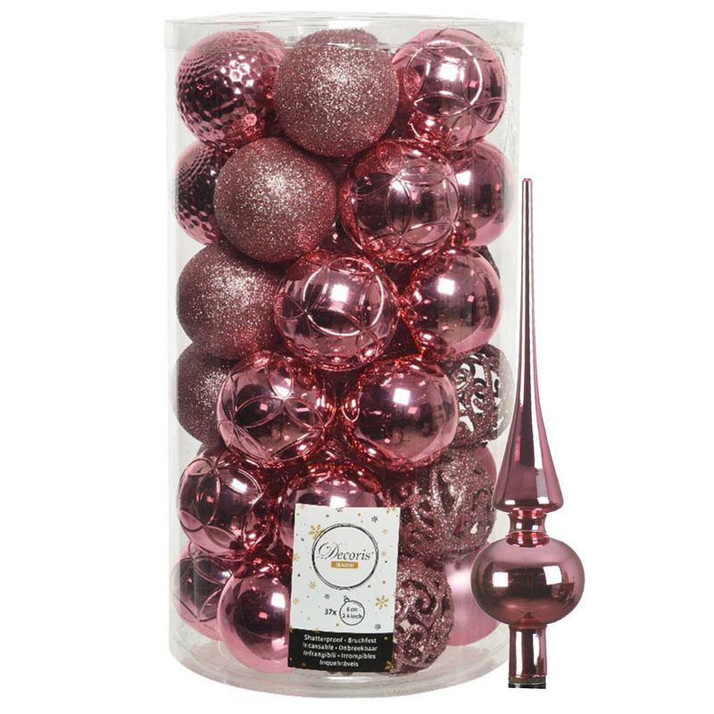 Foto van 37x stuks kunststof kerstballen 6 cm incl. glanzende glazen piek lippenstift roze - kerstbal