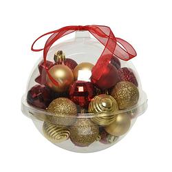 Foto van 30x stuks kleine kunststof kerstballen rood/donkerrood/goud 3 cm - kerstbal