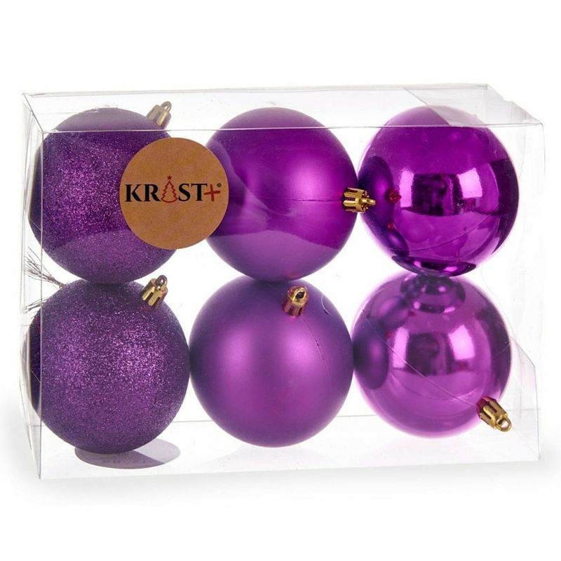 Foto van 6x stuks kerstballen paars kunststof 8 cm glitter, glans, mat - kerstbal