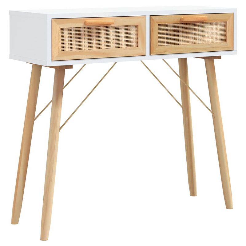 Foto van The living store wandtafel scandinavisch - 80 x 30 x 75 cm - wit hout - rattan - 2 lades