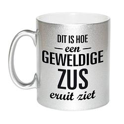 Foto van Zilveren geweldige zus cadeau koffiemok / theebeker 330 ml - feest mokken