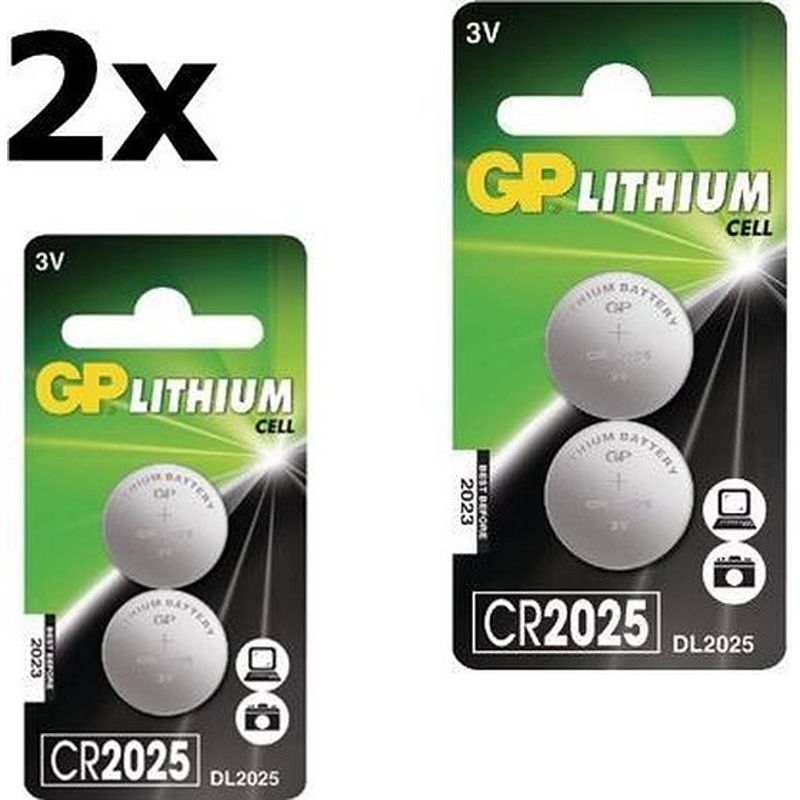 Foto van 4 stuks (2 blister a 2st) gp cr2025 3v lithium knoopcel batterij