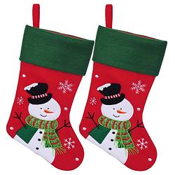Foto van Decoratie kerstsokken - 2x - rood - met sneeuwpop - h45 cm - polyester - kerstsokken