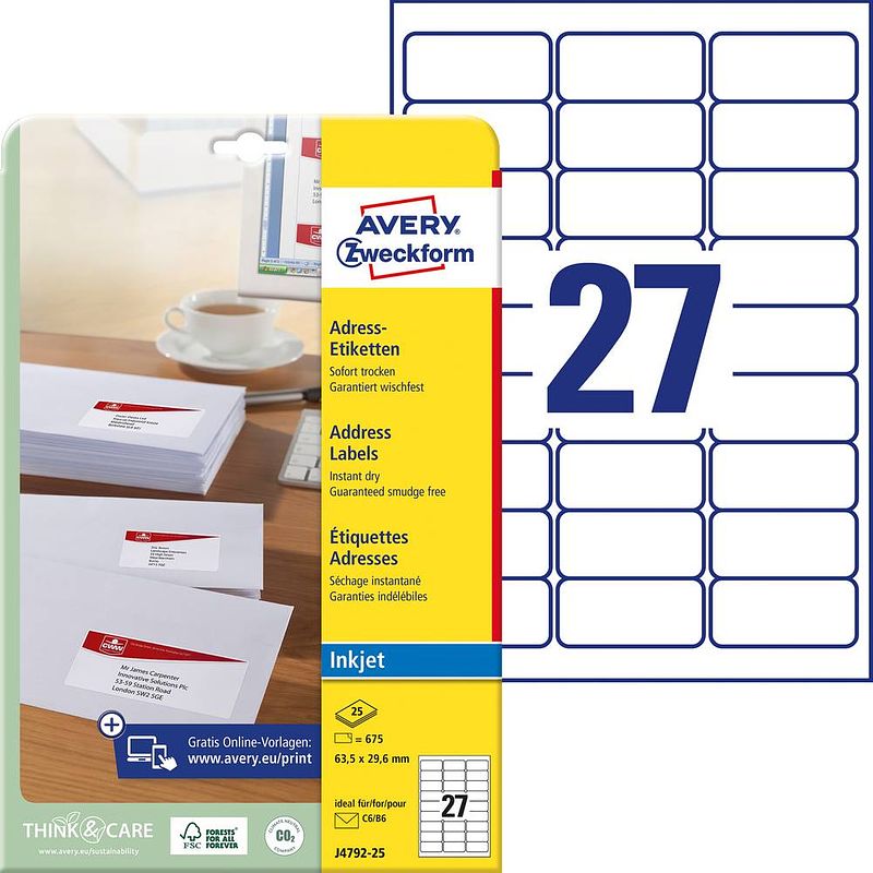 Foto van Avery-zweckform adresetiketten j4792-25 (n/a ),wit, rechthoek, afgeronde hoeken, 675 stuk(s), permanent