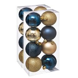 Foto van 16x stuks kerstballen mix blauw/champagne glans en mat kunststof 7 cm - kerstbal