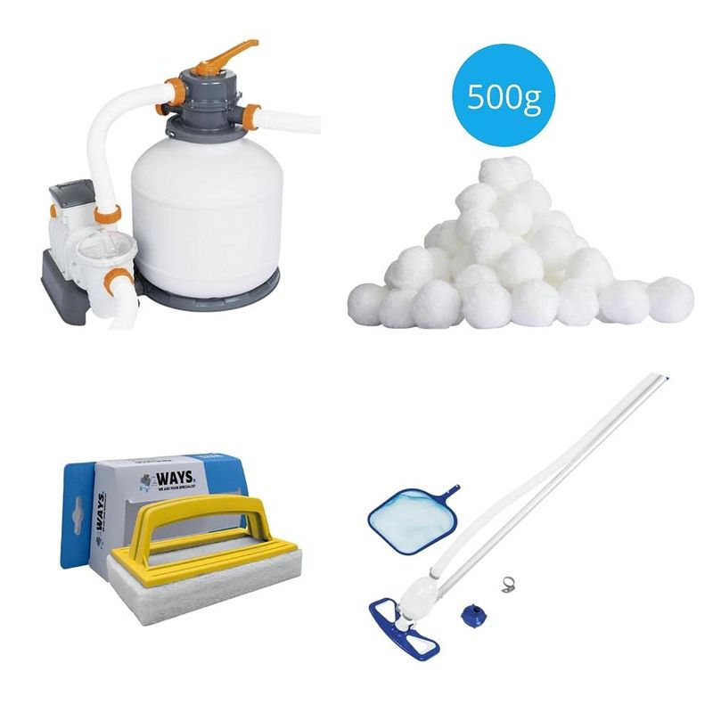 Foto van Bestway - zwembadstofzuiger aquaclean & zandfilterpomp 5678 l/u & filterbollen 500 g & ways scrubborstel