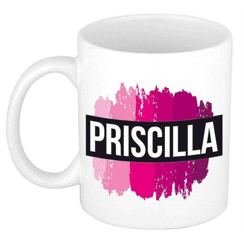 Foto van Naam cadeau mok / beker priscilla met roze verfstrepen 300 ml - naam mokken