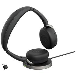 Foto van Jabra evolve2 65 flex link380c uc + ladepad on ear headset bluetooth computer stereo zwart noise cancelling headset, microfoon uitschakelbaar (mute),