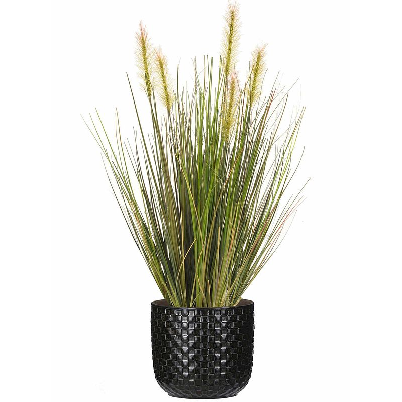 Foto van Kunstplant groen rietgras sprieten 45 cm in luxe daan stijl-motief bloempot zwart - kunstplanten