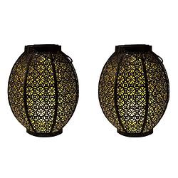 Foto van 2x stuks tuindecoratie solar lantaarns lampen zwart/goud metaal 23 cm - lantaarns