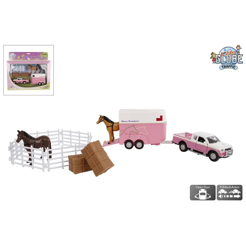 Foto van Kids globe mitsubishi met paardentrailer en accessoires 27 cm roze