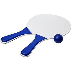Foto van Blauw/witte beachball set buitenspeelgoed - houten beachballset - rackets/batjes en bal - tennis ballenspel