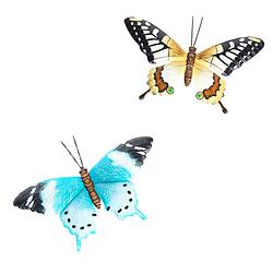 Foto van Set van 2x metalen tuin decoratie vlinders voor aan de muur/wand 37 cm - muurvlinders/tuinvlinders tuindecoratie