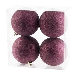 Foto van 4x stuks kunststof glitter kerstballen aubergine roze 10 cm - kerstbal