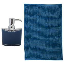Foto van Msv badkamer droogloop mat - bolzano - 40 x 60 cm - met bijpassend zeeppompje - donkerblauw - badmatjes