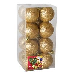 Foto van 16x stuks kerstballen goud glitters kunststof 5 cm - kerstbal