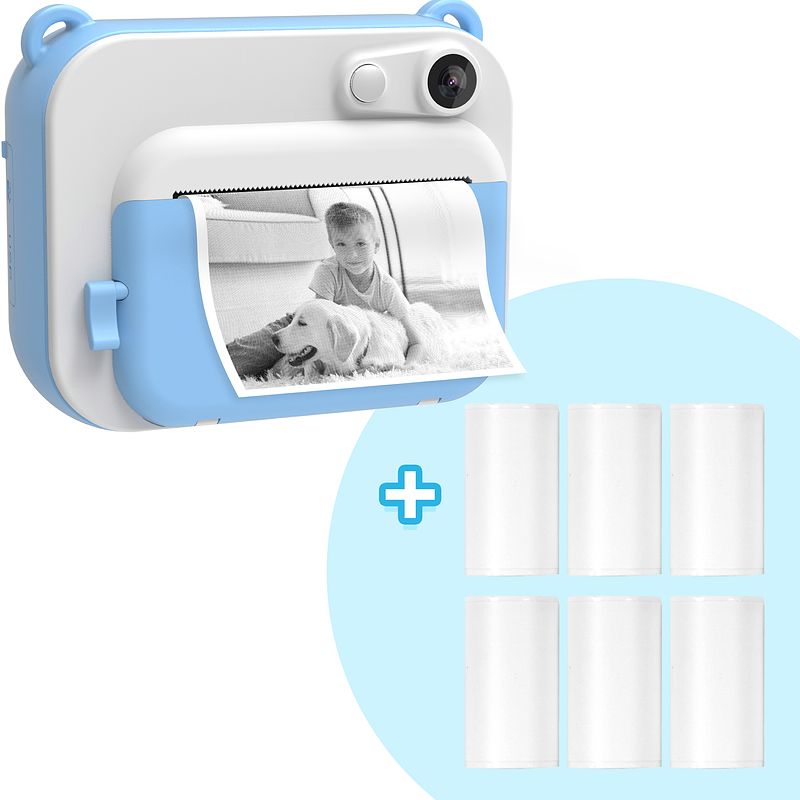 Foto van Kindercamera met printer - blauw - combideal met 6x printpapier wit