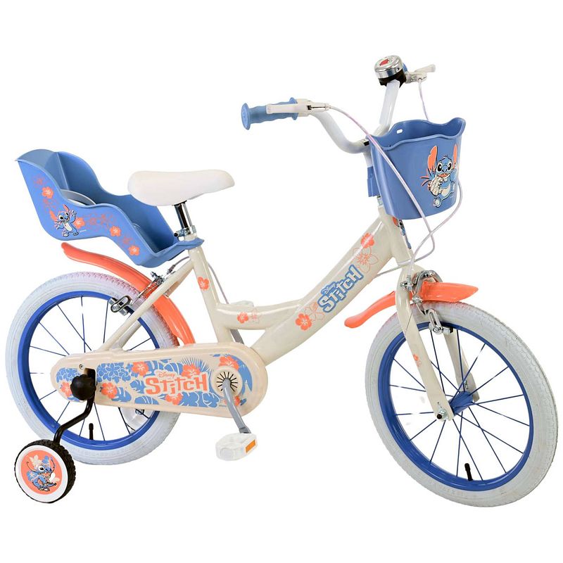 Foto van Disney stitch kinderfiets - meisjes - 16 inch - creme koraal blauw - twee handremmen