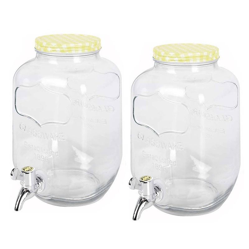 Foto van 2x stuks glazen drankdispensers/limonadetap met geel/wit geblokte dop 4 liter - drankdispensers