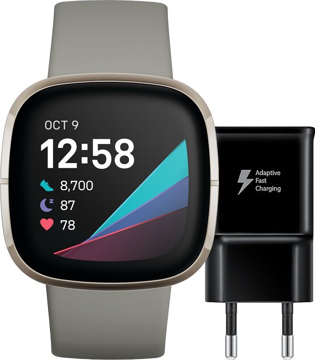 Foto van Fitbit sense groen/zilver + samsung adaptive fast charging oplader 15w zwart