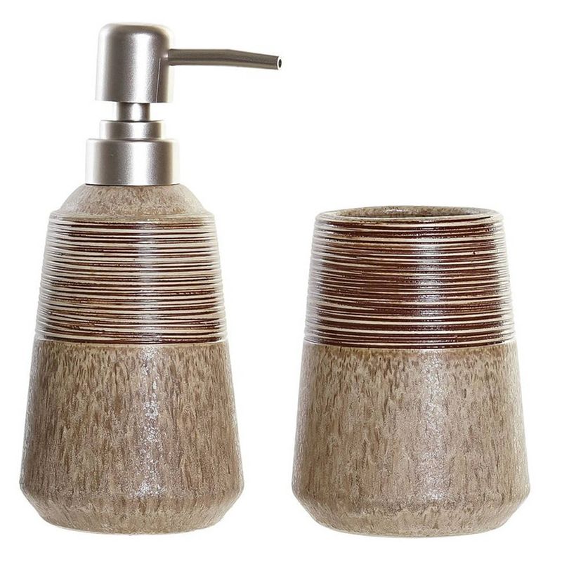 Foto van Badkamerset met zeeppompje en tandenborstel beker beige polystone 18 cm - badkameraccessoireset