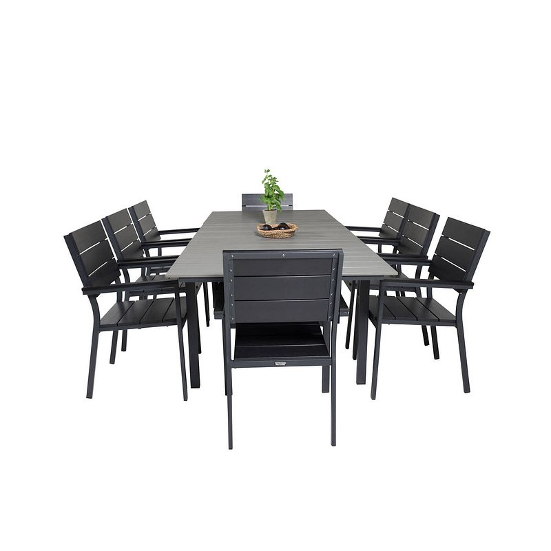 Foto van Levels tuinmeubelset tafel 100x160/240cm en 8 stoel levels zwart, grijs.