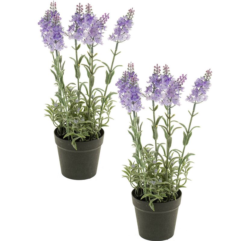 Foto van Set van 2x stuks lila paarse lavendel lavandula kunstplanten in kunststof pot 28 cm - kunstplanten