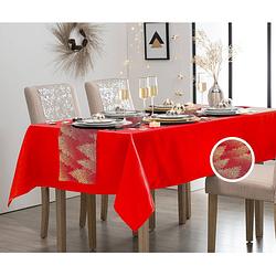 Foto van Rood tafelkleed 140 x 360 cm - met tafelloper rood/goud 28 x 300 cm - feesttafelkleden