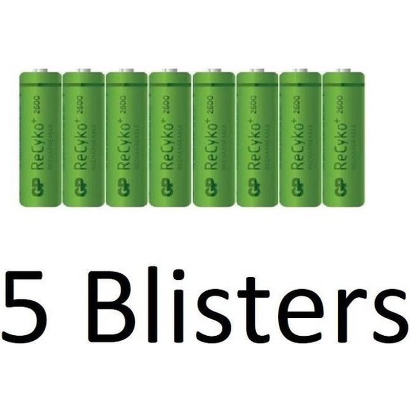 Foto van 40 stuks (5 blisters a 8 st) gp recyko+ rechargeable nimh aa/hr06 2600mah