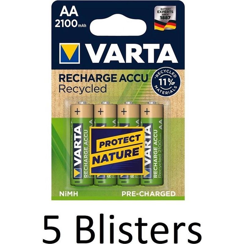 Foto van 20 stuks (5 blisters a 4 st) varta recharge accu recycled aa oplaadbare batterijen 2100 mah