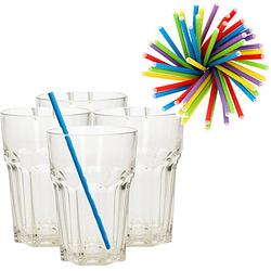 Foto van Set van 4x longdrink glazen en 100x duurzame papieren rietjes - 360 ml - drinkglazen