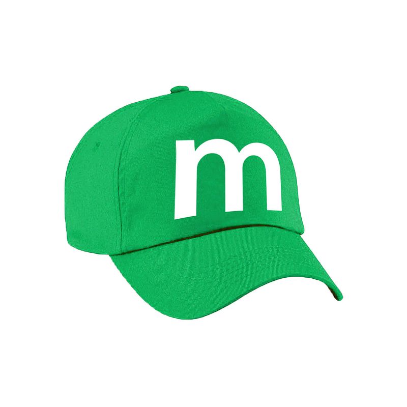 Foto van Letter m pet / cap groen voor volwassenen - verkleed / carnaval baseball cap - verkleedhoofddeksels