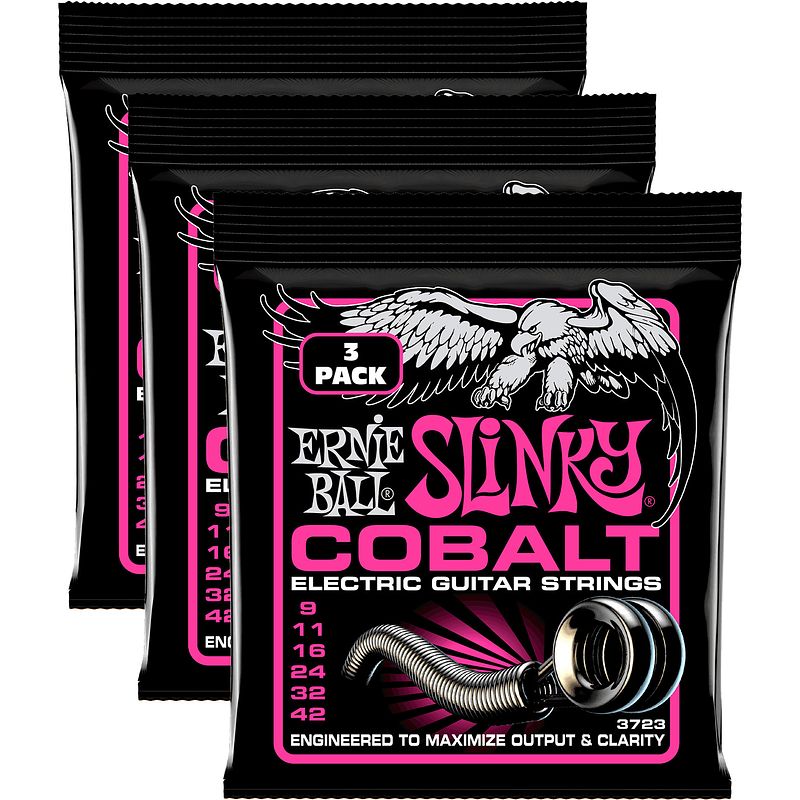 Foto van Ernie ball 3723 super slinky cobalt 9-42 snaren voor elektrische gitaar (3 sets)