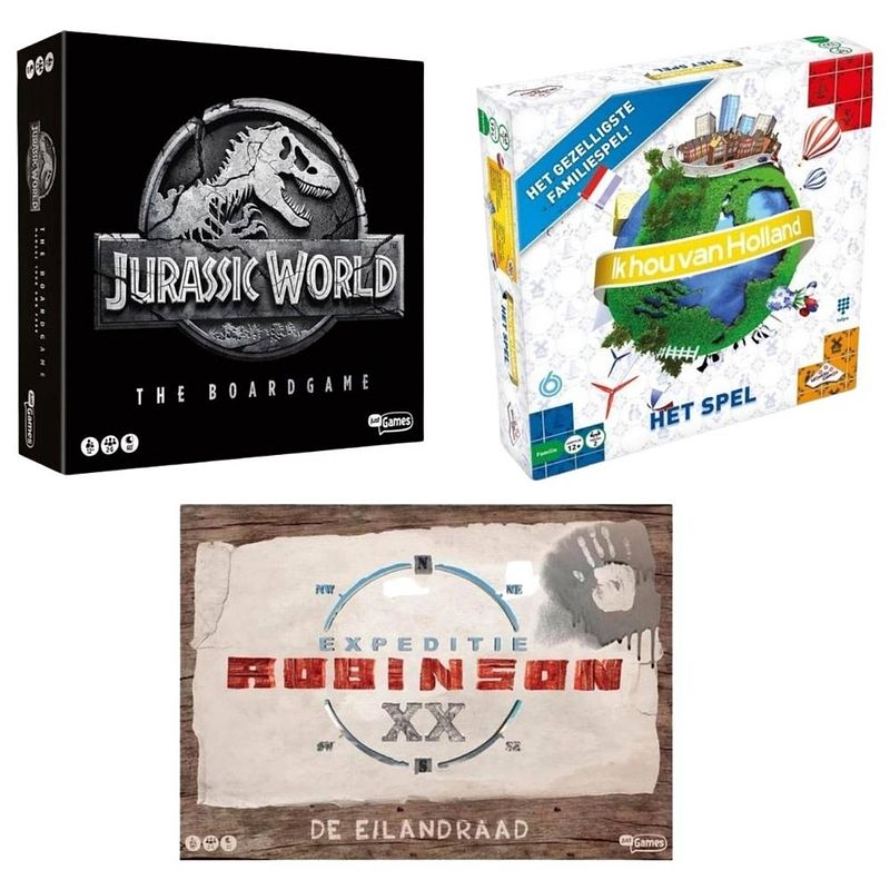 Foto van Spellenbundel - 3 stuks - jurassic world the boardgame & ik hou van holland bordspel & expeditie robinson de eilandraad