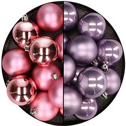 Foto van Kunststof kerstballen 6 cm - 24x stuks - roze en lila paars - kerstbal