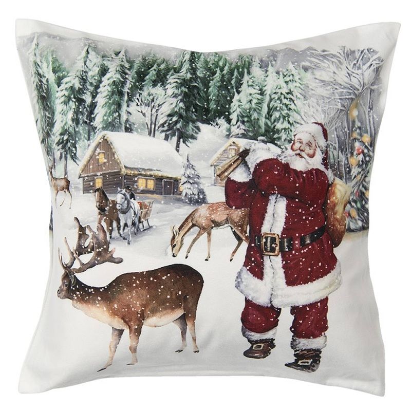 Foto van Clayre & eef kussenhoes 45*45 cm wit polyester vierkant kerstman sierkussenhoes kussen hoes wit sierkussenhoes kussen