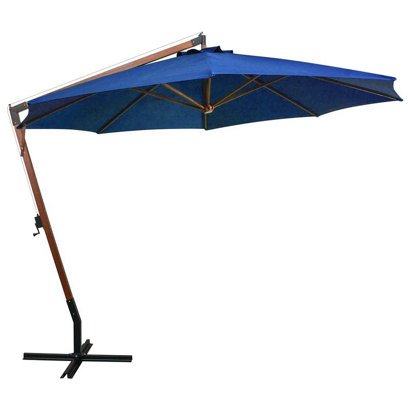 Foto van The living store zweefparasol - hout - azuurblauw - 350 cm