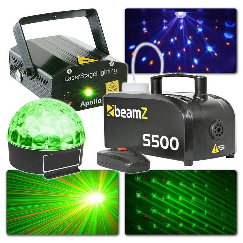 Foto van Complete lichtset - beamz plug and play lichtset met laser, led lichteffect en rookmachine voor een geslaagd feest