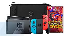 Foto van Nintendo switch rood/blauw + pokémon scarlet + screenprotector + beschermhoes