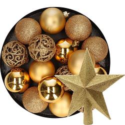 Foto van 16x stuks kunststof kerstballen 6 cm incl. ster piek goud - kerstbal