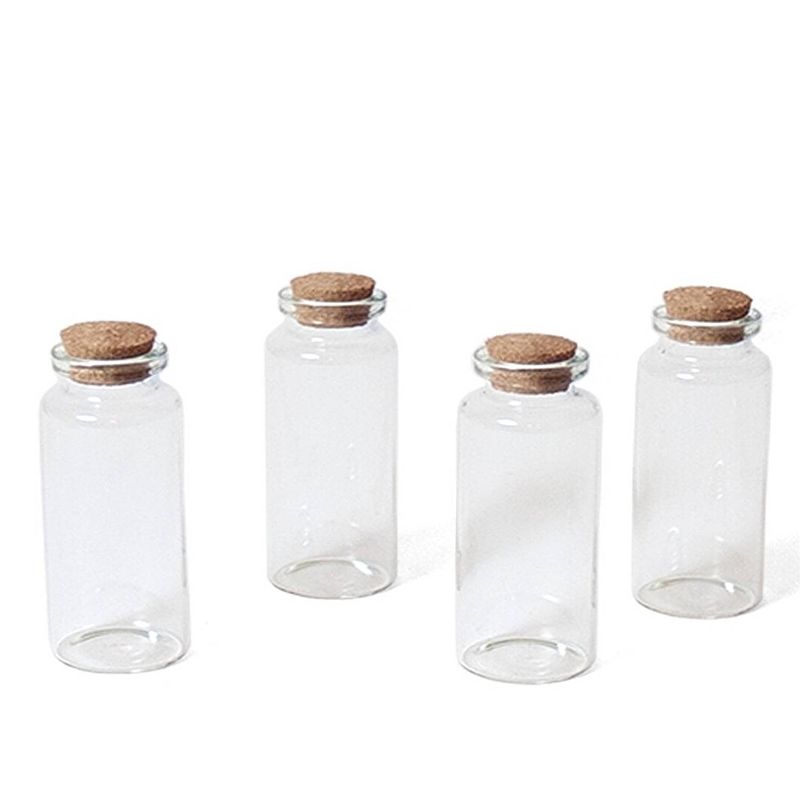 Foto van 4x kleine transparante glazen flesjes met kurken dop 38 ml - decoratieve flessen