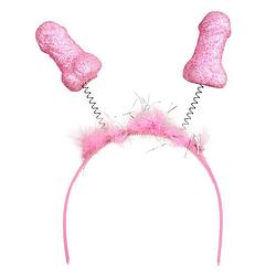 Foto van Partyxplo diadeem/tiara met piemels - roze - plastic - l22 cm - bewegende piemels - verkleedattributen