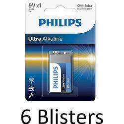 Foto van 6 stuks (6 blisters a 1 st) philips ultra alkaline 9v