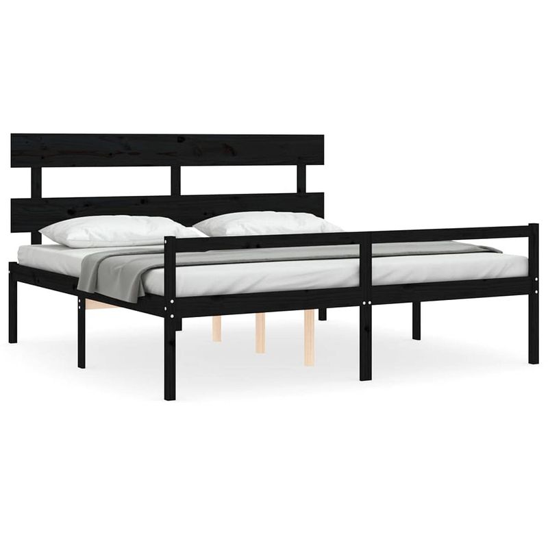 Foto van The living store massief grenenhouten bedframe - zwart - 205.5 x 185.5 x 81 cm - 180 x 200 cm (6ft) - montage vereist