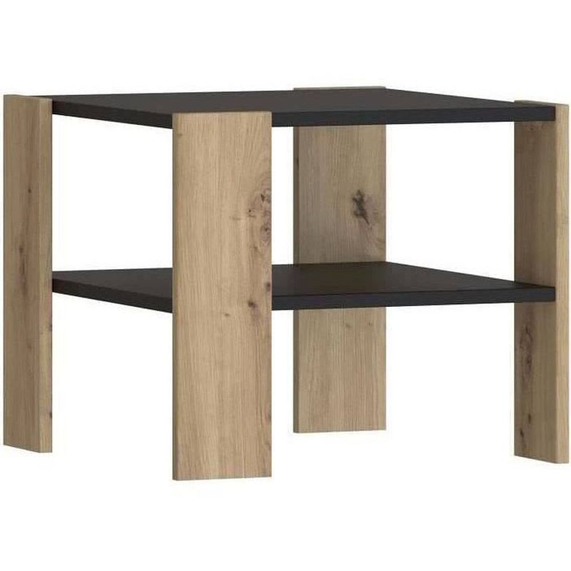 Foto van Pilvi salontafel 2 dienbladen - eigentijdse stijl - melaminedeeltjes - eiken en zwart decor - l 55 x d 55 x h 45 cm