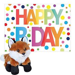 Foto van Pluche dieren knuffel rode vos 18 cm met happy birthday wenskaart - knuffeldier