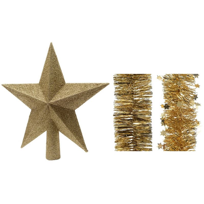 Foto van Kerstversiering kunststof glitter ster piek 19 cm en folieslingers pakket goud van 3x stuks - kerstboompieken