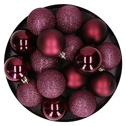 Foto van 12x stuks kunststof kerstballen aubergine roze 6 cm mat/glans/glitter - kerstbal